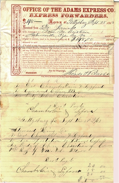 Receipts for the Preparation and Shipment of a Corpse from the 7th West Virginia who was killed at Gettysburg