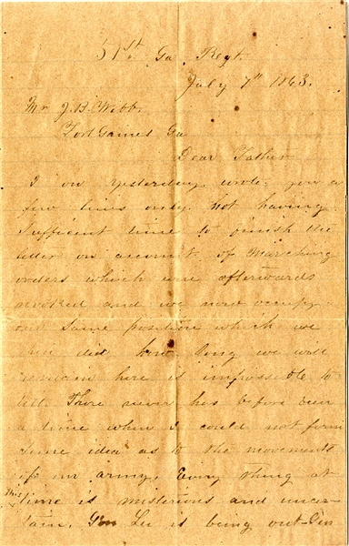 51st Georgia Officer Writes about Lee being Out Generaled and Retreating from Gettysburg