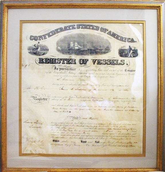 Rare Confederate States of America Vessel Registration for Ship Owned by Secretary of War James Seddon