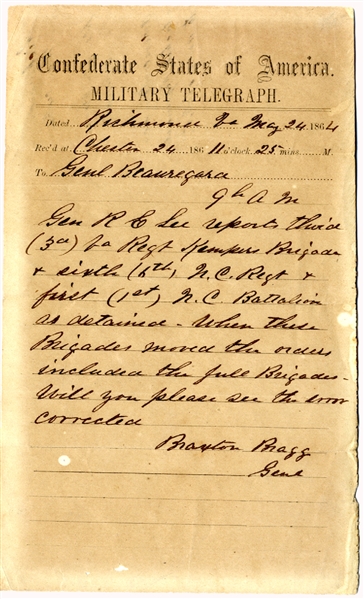 General Bragg Sends Beauregard Orders Pertaining to Lee’s Troops During The Battle Of The North Anna