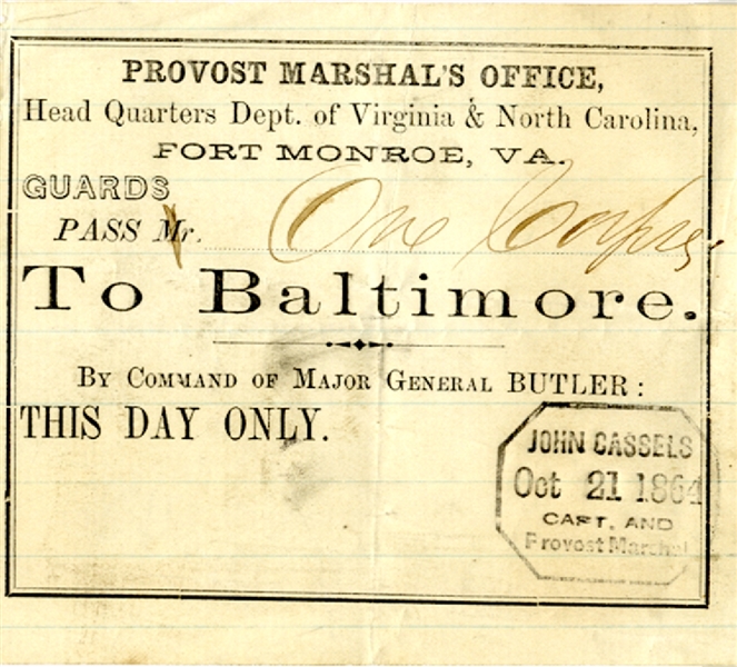 Pass for a Corpse Authorized by Capt. John Cassels