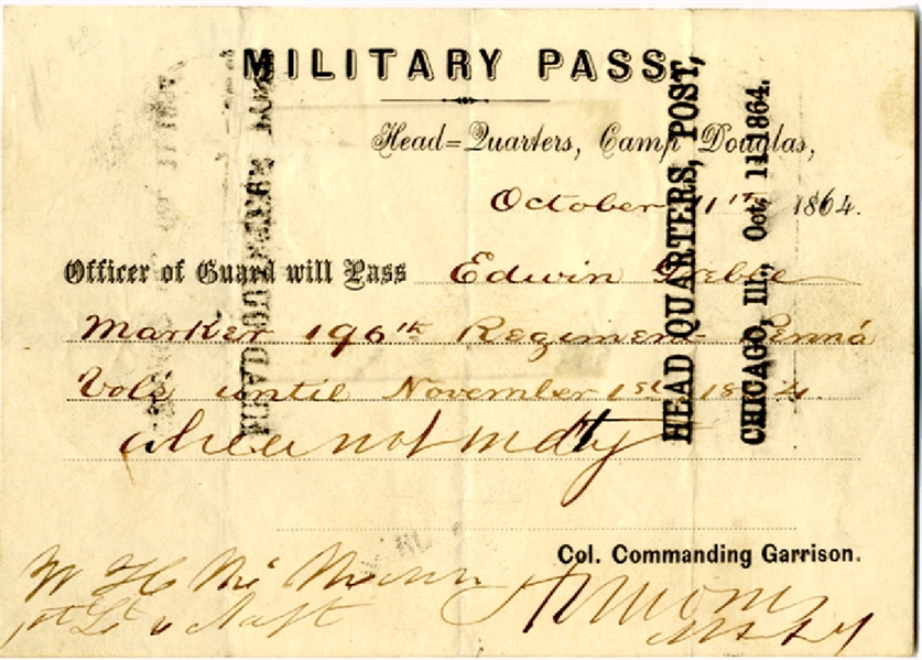Military pass from Camp Douglas Prison