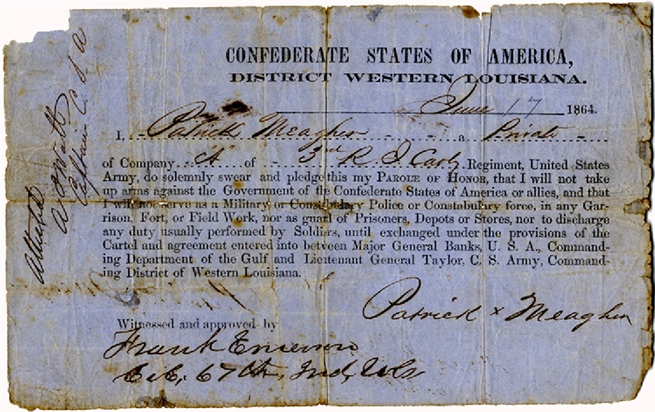 3rd Rhode Island Parole of  Honor - Louisiana Confederate imprint