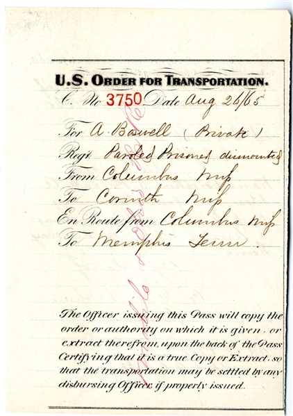 Transportation order for paroled Confederate POW
