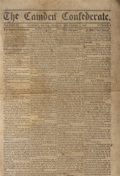 Scarce  Issue of the Camden Confederate Newsaper, 
