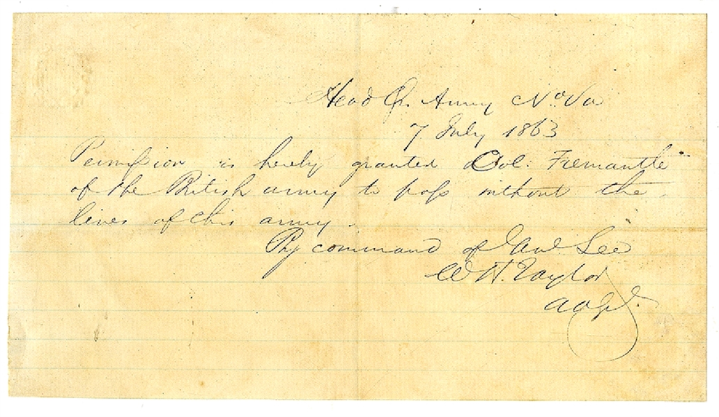 Directly After Gettysburgh, General Lee Approves a Military Pass For British Officer