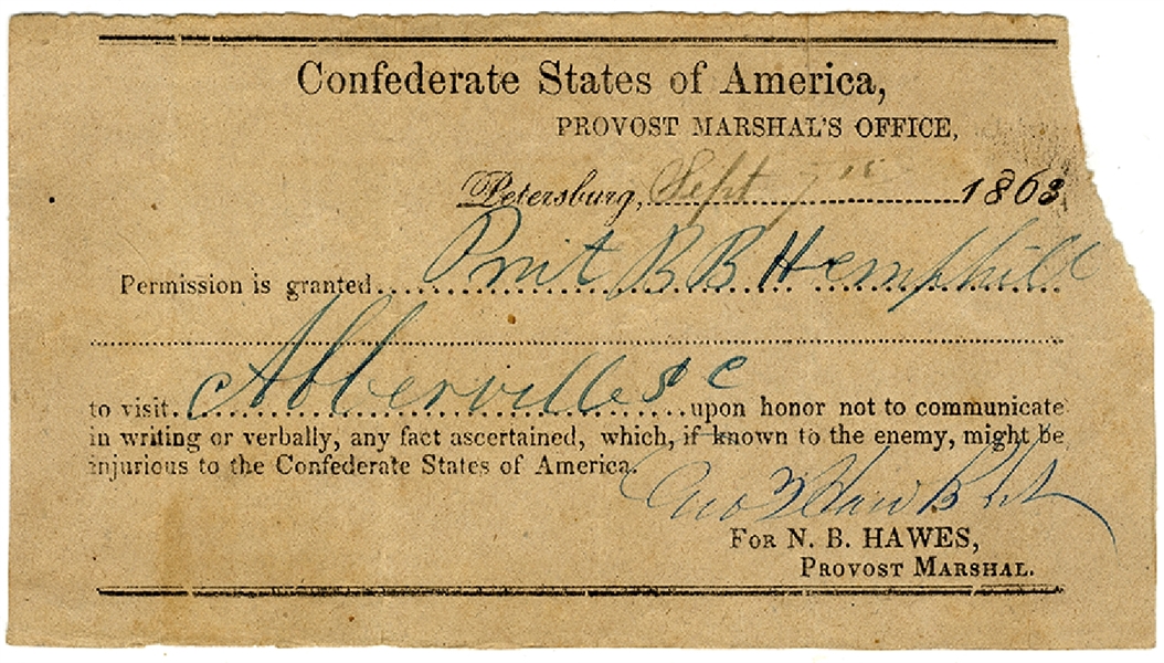 Printed Confederate Soldier’s Pass