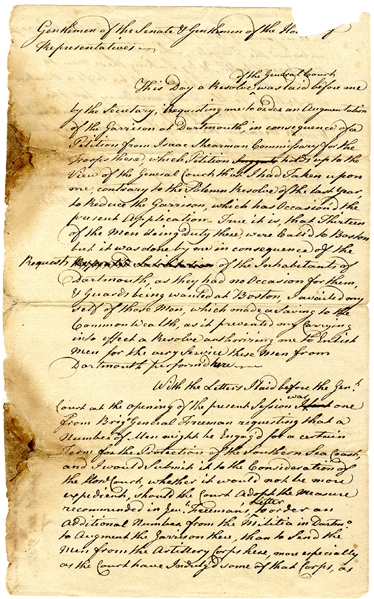 As Governor, John Hancock Writes the Massachusetts Congress on Troop Placement