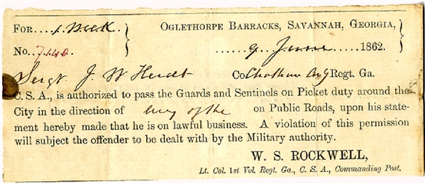 Pass for Sergeant in Chatham’s Regiment to Travel Through Savannah