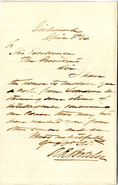 War Date Letter by Stonewall’s ADC Alexander R. Boteler