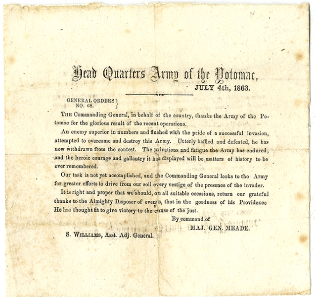 Important Gettysburg Field Issued Broadside - Meade Congratulates the Troops