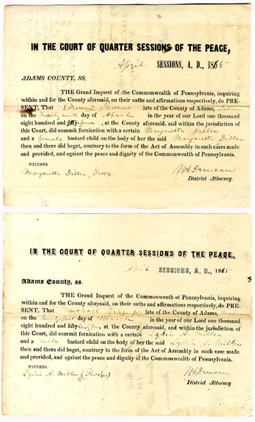 Pair Gettysburg related court documents: (2) April 1865 Adams County, Pa. court documents for fornication. 