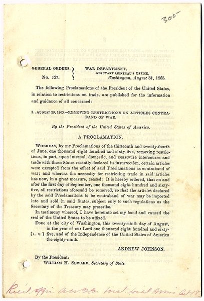 President Andrew Johnson Raises the Restrictions on Contraband