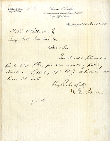 General H.E. Paine Autograph Letter Signed