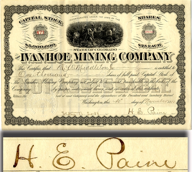 General Halbert Paine Signed Stock Certificate