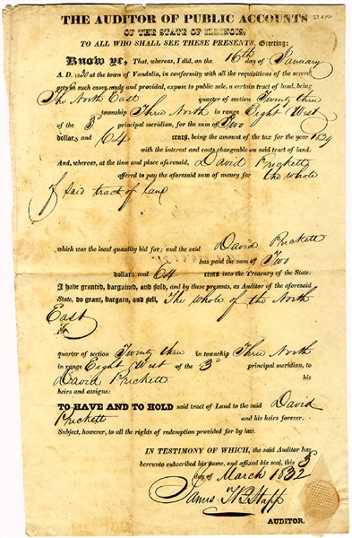 Land Grant for David Prickett, Who was Sued by Lincoln