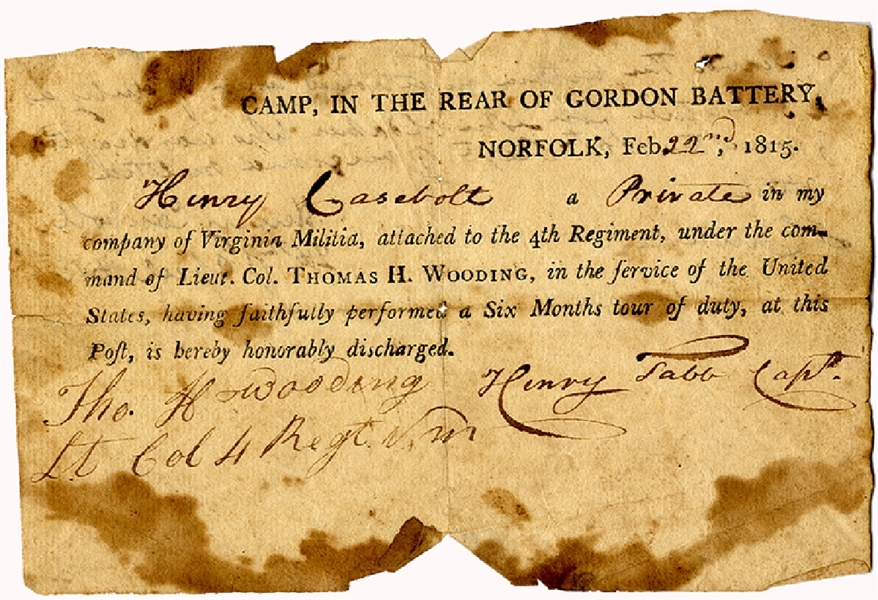 War of 1812 Discharge for a Virginia Soldier