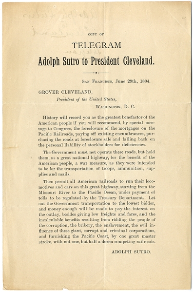 Sutro Advises President Cleveland on Pacific Coast Railroads