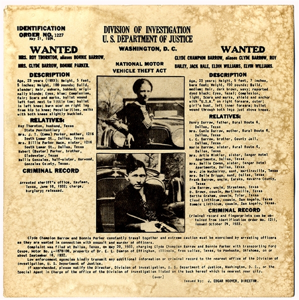 Bonnie and Clyde Wanted by the J. Edgar Hoover and the FBI
