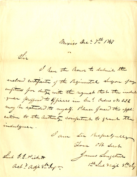 James Longstreet Writes George Pickett Pertaining to His Wound at Chapultepec