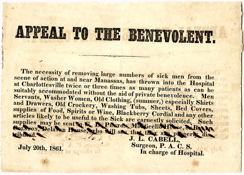 Appeal to the Benevolent Broadside - Seeking Slaves and Supplies at Manassas 1861