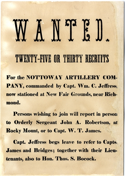 c. 1861 Nottoway Artillery Recruiting Broadside