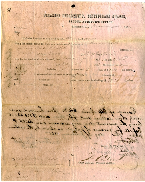 50th Virginia Pay Document for Deceased Soldier