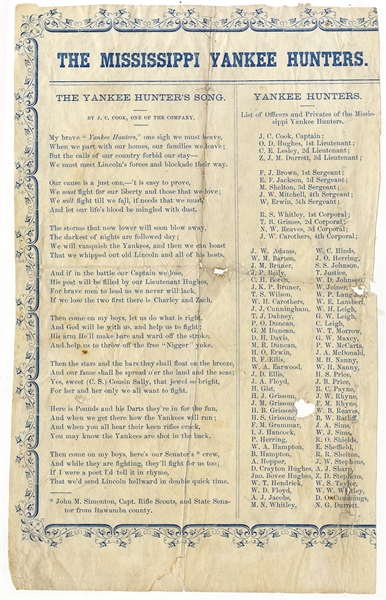 Mississippi Yankee Hunters Song Sheet