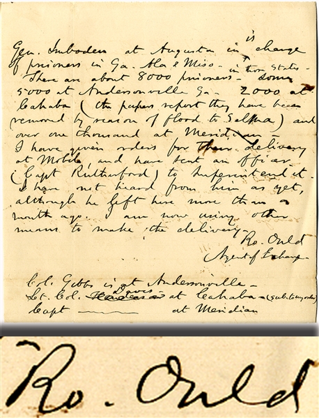 Great Letter Penned in 1865 by Robert Ould Confederate Agent of Exchange for Prisoners Pertaining to Prisoners held at Andersonville, Cahaba, and Meridian 