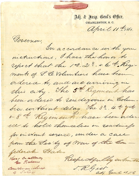 States Rights Gist Letter to Governor Pickens