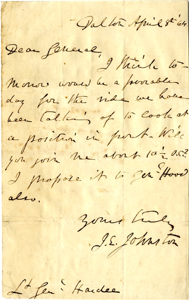Gen. Johnston Writes Gen. Hardee Requesting He and Gen. Hood Join Him to Scout for a Position on the Front Lines in Georgia 