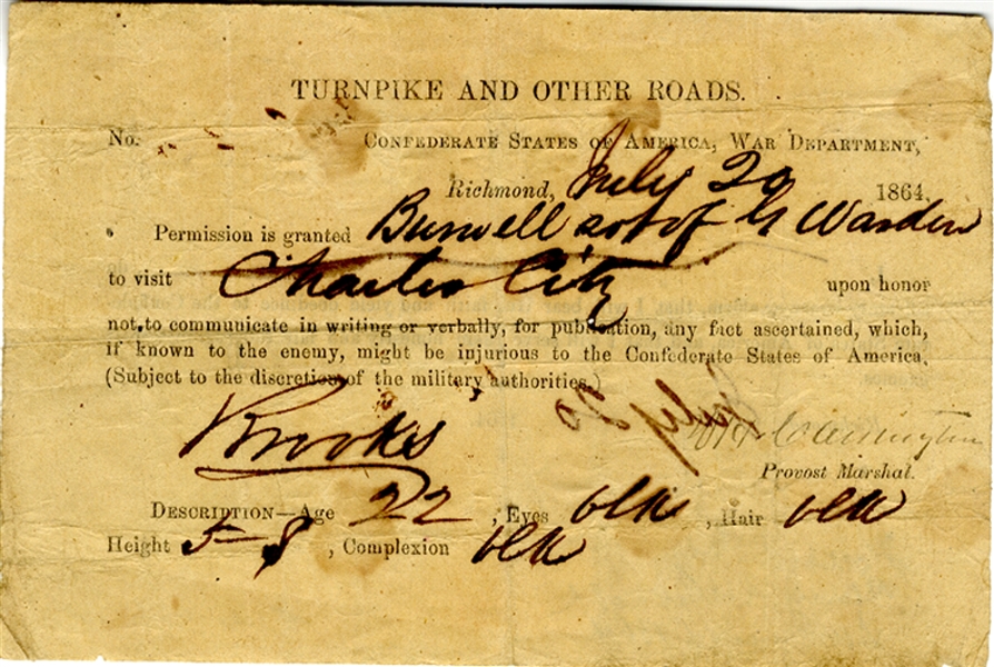 Confederate War Department Issues a Pass for a Slave