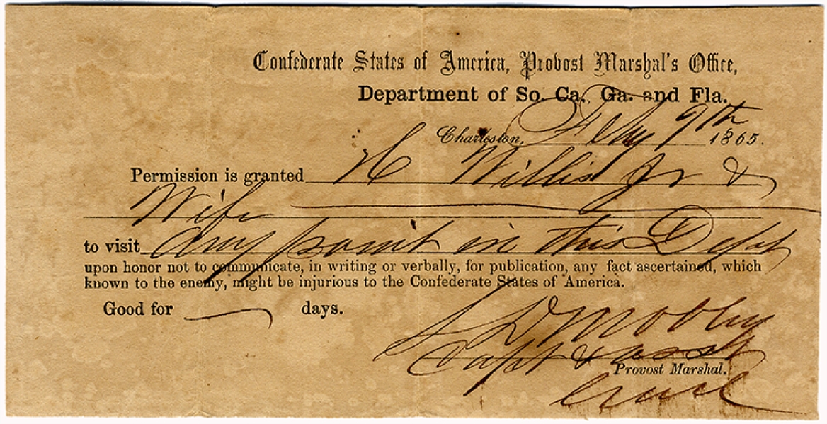 Provost Marshal’s Pass for the District of South Carolina, Georgia and Florida