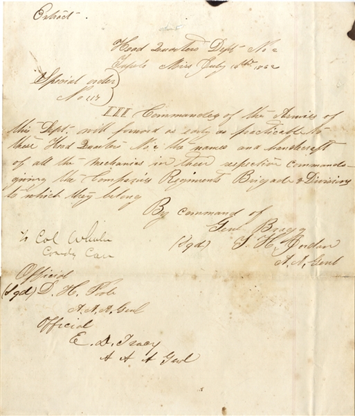 Mississppi Manuscript General Order Issued by General Bragg