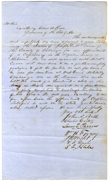 Rare Alabama Captain's Petition Signed By Brig. Gen. William H. Forney and Provisional Governor Lewis E. Parsons