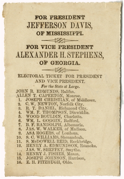 Actual Cast Ballot for Confederate Jefferson Davis 1861, 