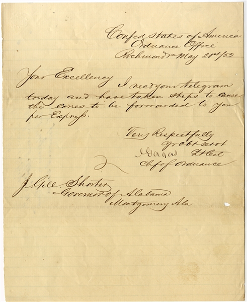 Confederate General Josiah Gorgas Confederate Ordnance Signed Letter