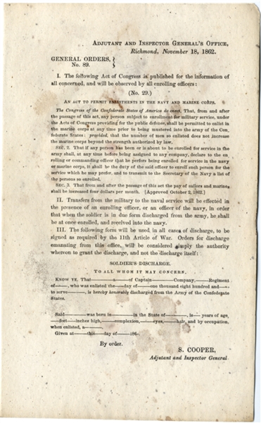 Rare Confederate States of America Marine Corps Document