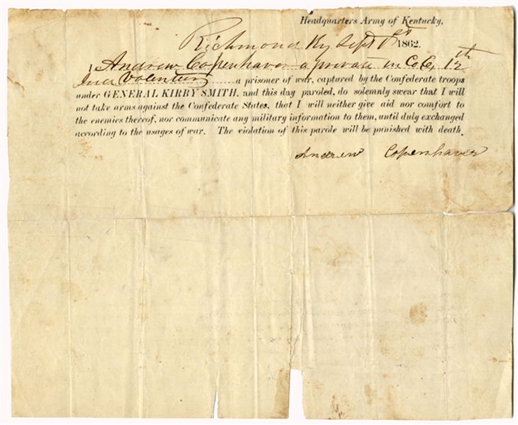 Unique Parole Of  Honor Issued By Kirby Smith - Battle of Richmond Kentucky