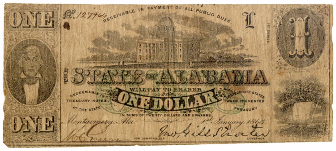 $1 Alabama Note Captured from General Marcus Wright’s Uniform