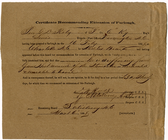 A Kentucky Rebel Gets A Furlough Extension Because An Unhealed Stomach Wound During The Atlanta Campaign