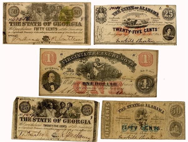 Five Confederate State Notes