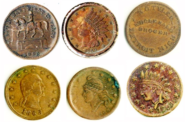 Lot of six tokens including No Compromise with traitors. and a Nice Detroit Merchant Token