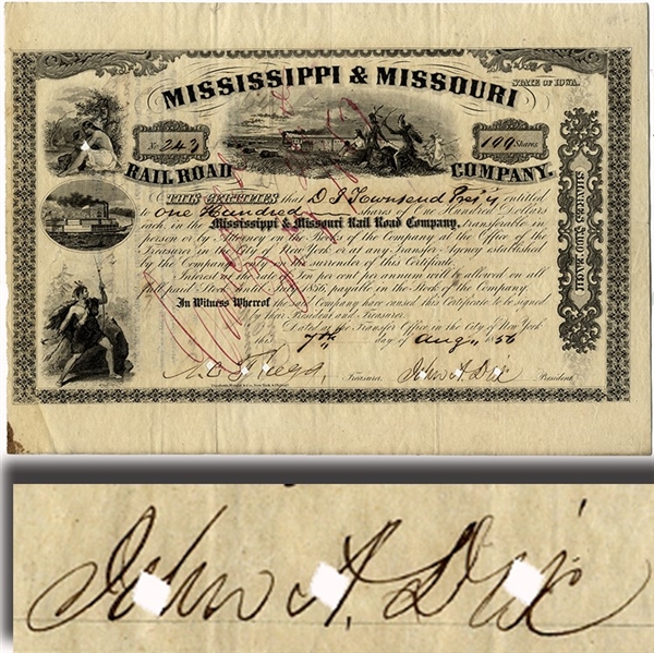 Stock Certificate Signed by General John Dix