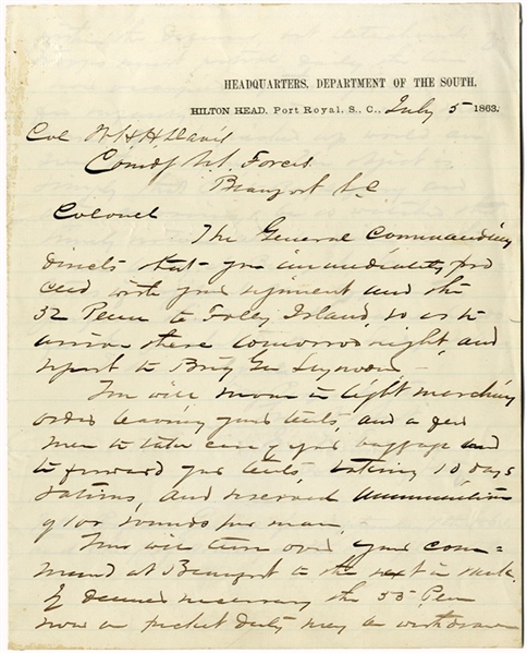 Col. Davis Is Ordered To Report With 100 Rounds Ammo and 10 Day Rations Before The Assault On Fort Wagner.
