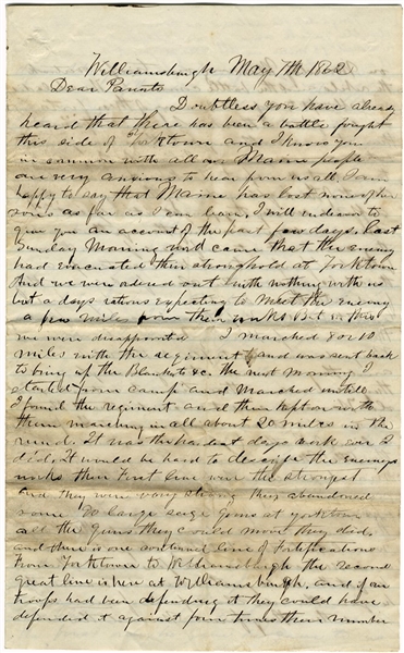 Rare Battle of Williamsburg Letter. The Rebels Were The Most Miserable Set of Devils.