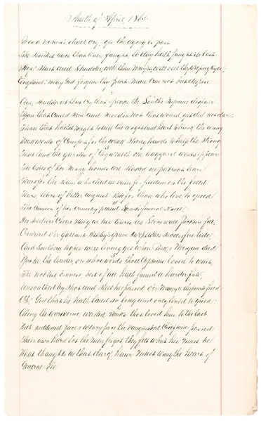 Percy Greg Authored “Ninth of April 1865” Titled Original Handwritten End of the American Civil War Period Poem