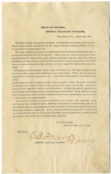 Lee Surrender Broadside issued by General Winfield Scott Hancock