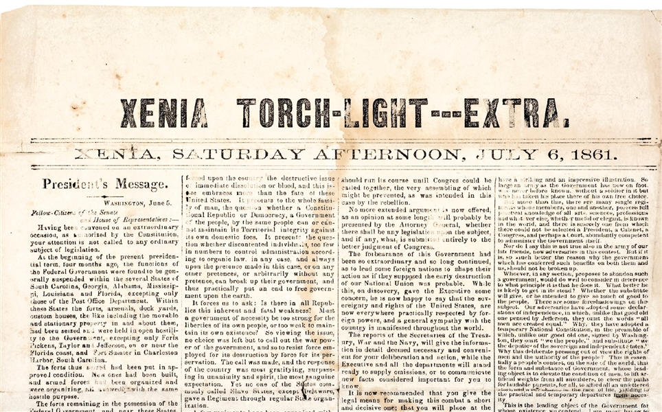 July 1861 President Abraham Lincoln's Broadside “Extra” His Message To Congress “Xenia Torch-Light”, Xenia