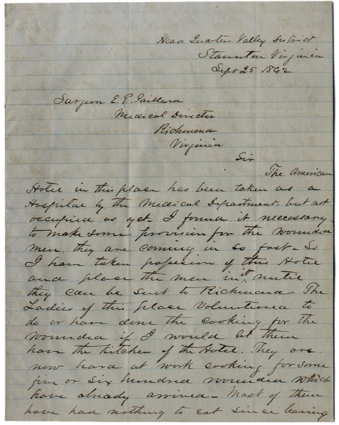 Secretary of War Randolph & Gen. Smith Approve Col. Davidson Seizure of A Hotel For Those Wounded At Antietam. 